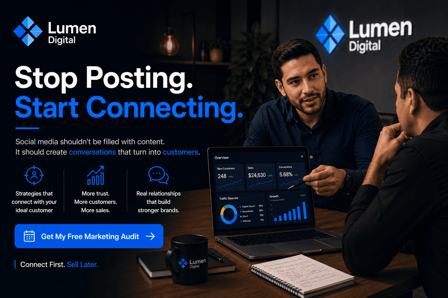 Lumen Digital consultants reviewing a marketing results dashboard with a client